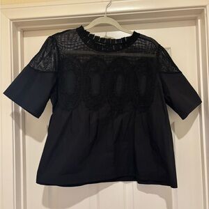 Black Lace Yoke Short Sleeve Women's Top